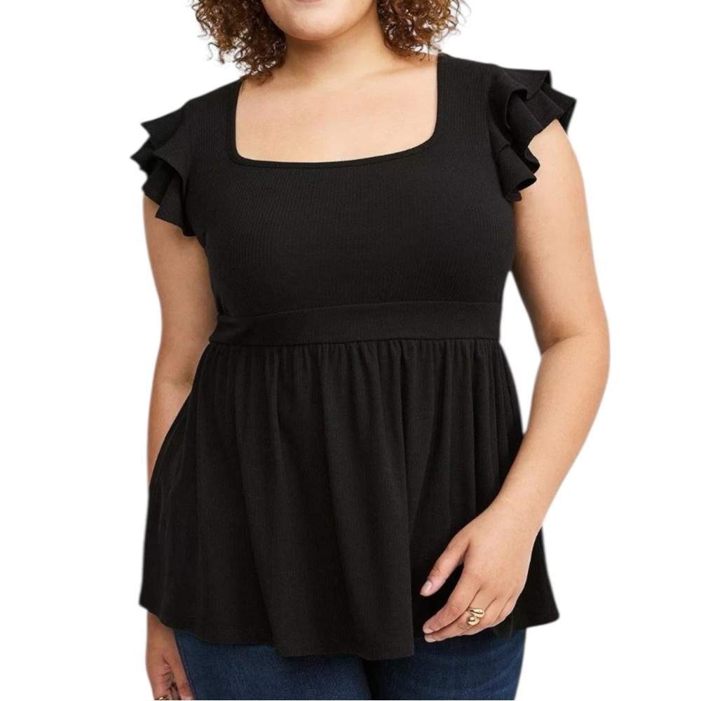 Torrid Black Super Soft Ribbed Ruffle Sleeve Babydoll Top